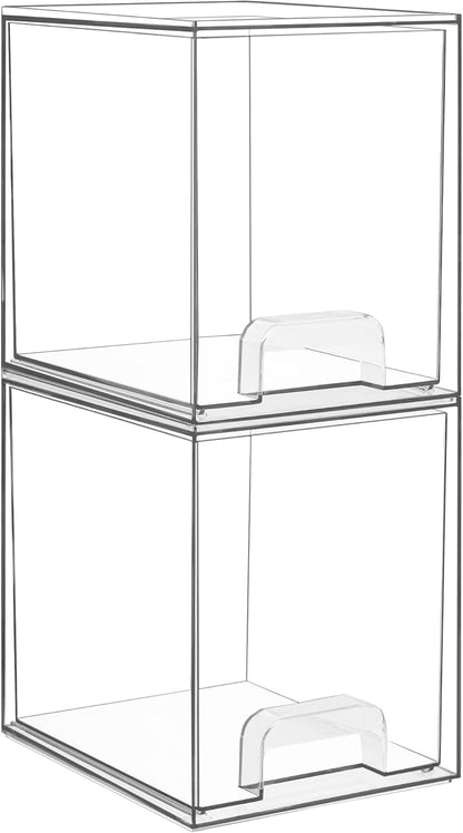 Clear Stackable Storage Drawers, Wide Plastic Organizers | Clear Pull-Out Plastic Drawers, Stackable Design for Makeup Palettes, Cosmetics, Beauty Supplies, Vanity, Cabinet and Desk