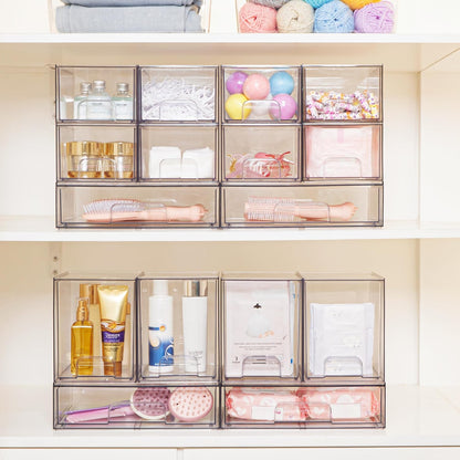 Clear Stackable Storage Drawers, Wide Plastic Organizers | Clear Pull-Out Plastic Drawers, Stackable Design for Makeup Palettes, Cosmetics, Beauty Supplies, Vanity, Cabinet and Desk