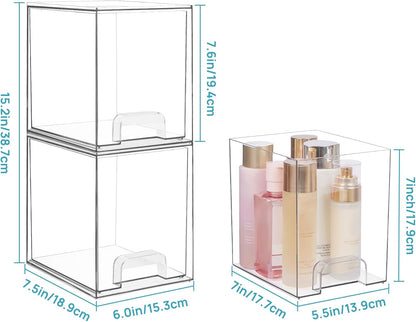 Clear Stackable Storage Drawers, Wide Plastic Organizers | Clear Pull-Out Plastic Drawers, Stackable Design for Makeup Palettes, Cosmetics, Beauty Supplies, Vanity, Cabinet and Desk