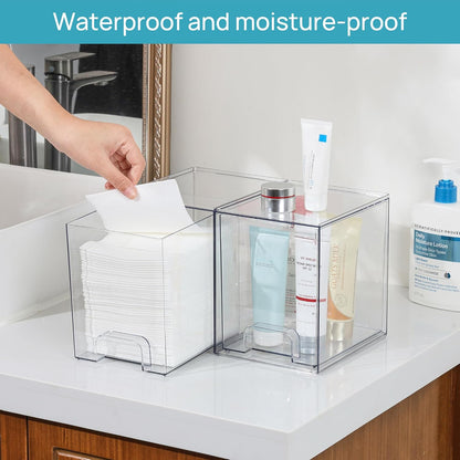 Clear Stackable Storage Drawers, Wide Plastic Organizers | Clear Pull-Out Plastic Drawers, Stackable Design for Makeup Palettes, Cosmetics, Beauty Supplies, Vanity, Cabinet and Desk