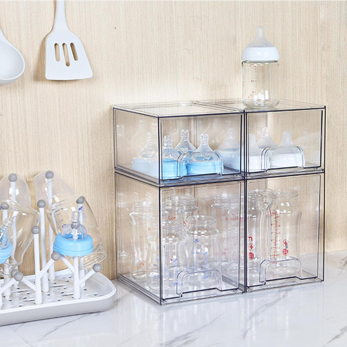 Clear Stackable Storage Drawers, Wide Plastic Organizers | Clear Pull-Out Plastic Drawers, Stackable Design for Makeup Palettes, Cosmetics, Beauty Supplies, Vanity, Cabinet and Desk