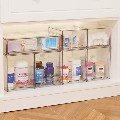 Clear Stackable Storage Drawers, Wide Plastic Organizers | Clear Pull-Out Plastic Drawers, Stackable Design for Makeup Palettes, Cosmetics, Beauty Supplies, Vanity, Cabinet and Desk