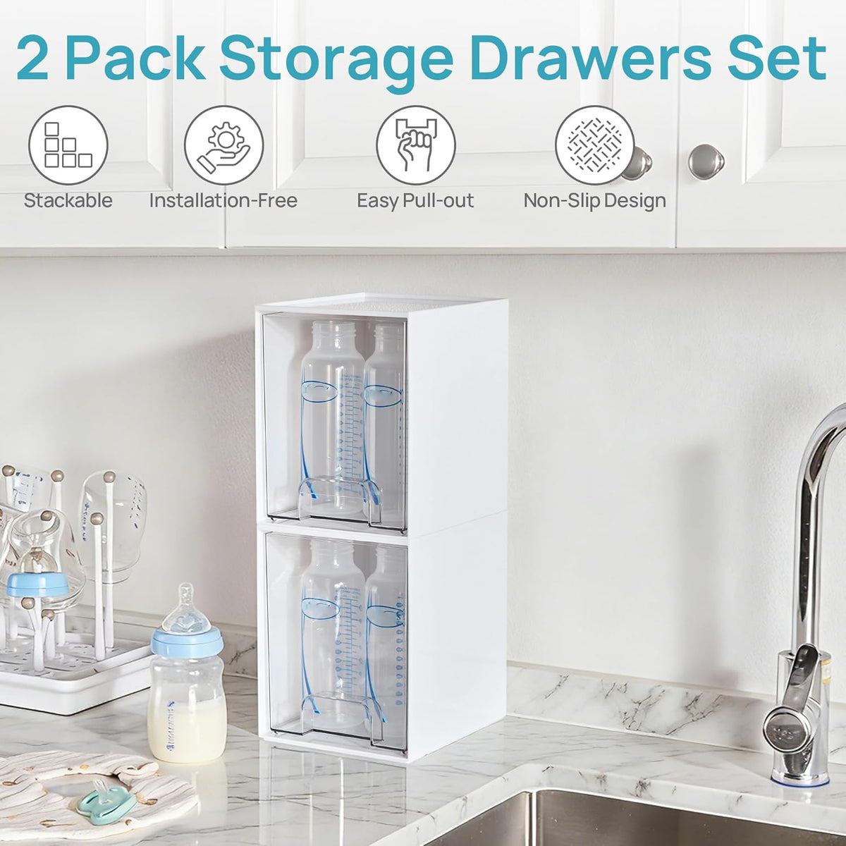 Clear Stackable Storage Drawers, Wide Plastic Organizers | Clear Pull-Out Plastic Drawers, Stackable Design for Makeup Palettes, Cosmetics, Beauty Supplies, Vanity, Cabinet and Desk