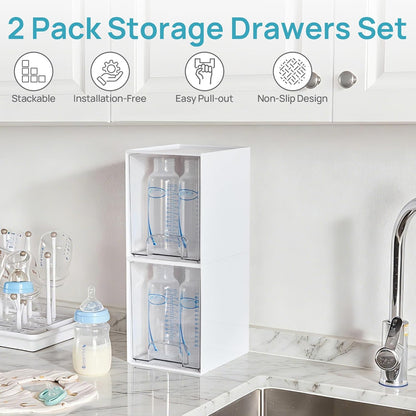 Clear Stackable Storage Drawers, Wide Plastic Organizers | Clear Pull-Out Plastic Drawers, Stackable Design for Makeup Palettes, Cosmetics, Beauty Supplies, Vanity, Cabinet and Desk