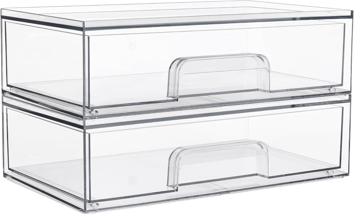 Clear Stackable Storage Drawers, Wide Plastic Organizers | Clear Pull-Out Plastic Drawers, Stackable Design for Makeup Palettes, Cosmetics, Beauty Supplies, Vanity, Cabinet and Desk