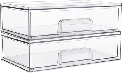 Clear Stackable Storage Drawers, Wide Plastic Organizers | Clear Pull-Out Plastic Drawers, Stackable Design for Makeup Palettes, Cosmetics, Beauty Supplies, Vanity, Cabinet and Desk