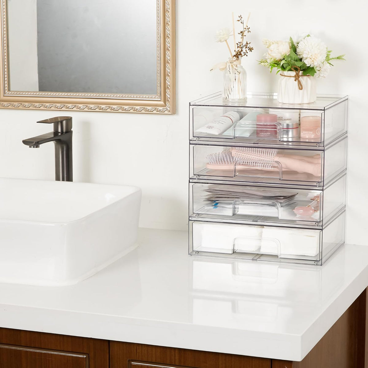 Clear Stackable Storage Drawers, Wide Plastic Organizers | Clear Pull-Out Plastic Drawers, Stackable Design for Makeup Palettes, Cosmetics, Beauty Supplies, Vanity, Cabinet and Desk
