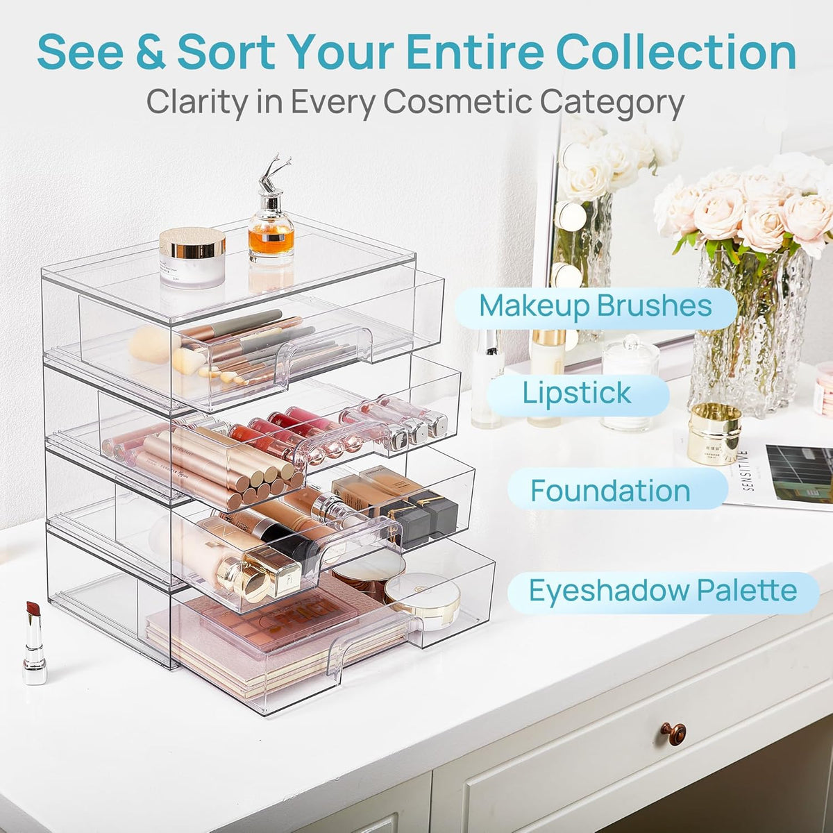Clear Stackable Storage Drawers, Wide Plastic Organizers | Clear Pull-Out Plastic Drawers, Stackable Design for Makeup Palettes, Cosmetics, Beauty Supplies, Vanity, Cabinet and Desk