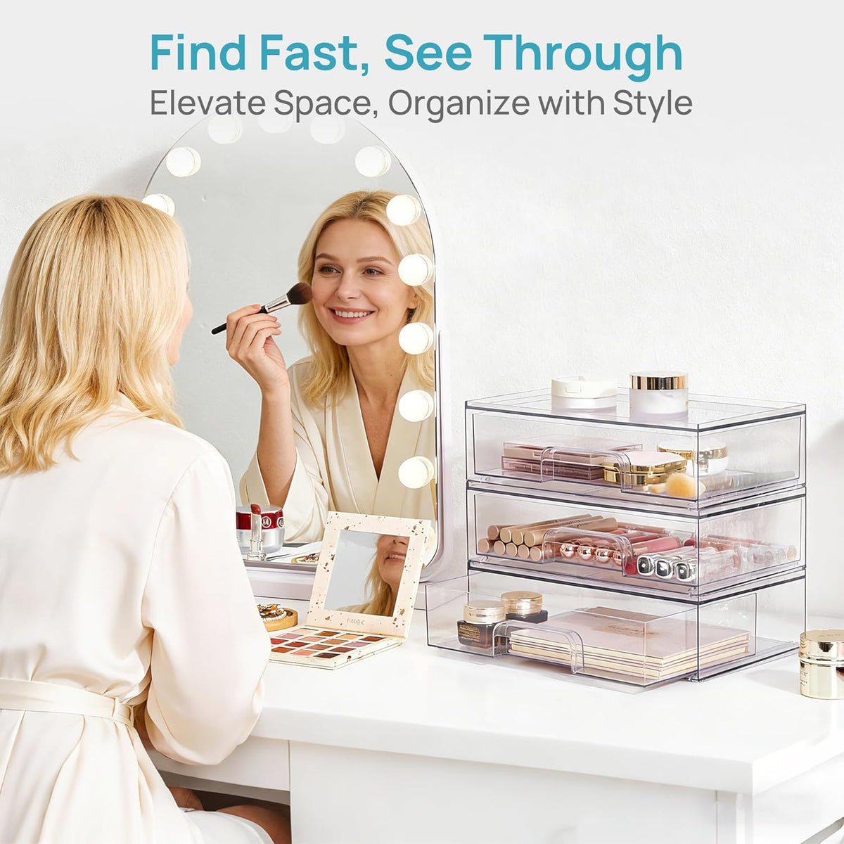 Clear Stackable Storage Drawers, Wide Plastic Organizers | Clear Pull-Out Plastic Drawers, Stackable Design for Makeup Palettes, Cosmetics, Beauty Supplies, Vanity, Cabinet and Desk
