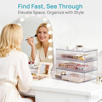 Clear Stackable Storage Drawers, Wide Plastic Organizers | Clear Pull-Out Plastic Drawers, Stackable Design for Makeup Palettes, Cosmetics, Beauty Supplies, Vanity, Cabinet and Desk