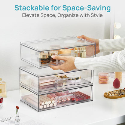 Clear Stackable Storage Drawers, Wide Plastic Organizers | Clear Pull-Out Plastic Drawers, Stackable Design for Makeup Palettes, Cosmetics, Beauty Supplies, Vanity, Cabinet and Desk