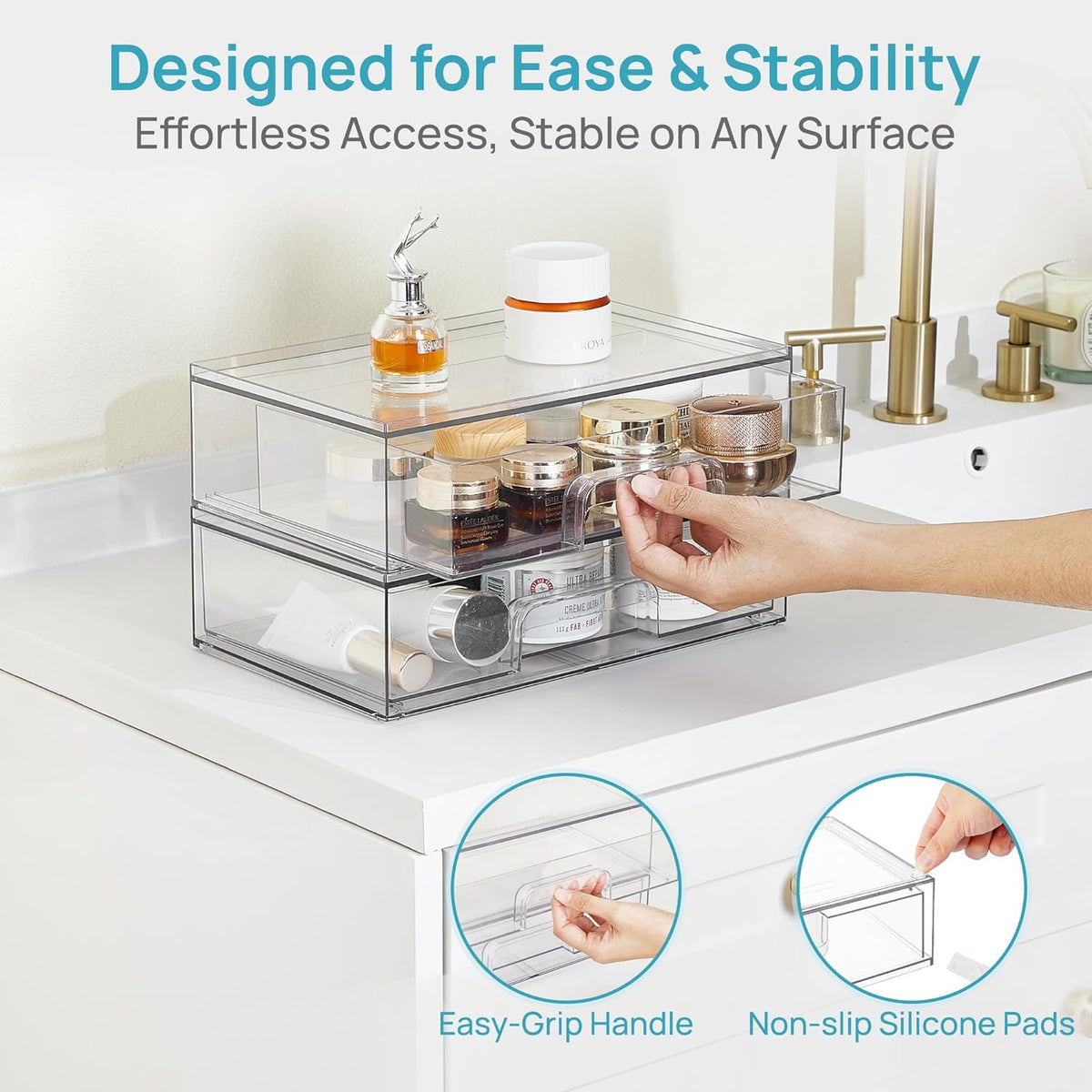 Clear Stackable Storage Drawers, Wide Plastic Organizers | Clear Pull-Out Plastic Drawers, Stackable Design for Makeup Palettes, Cosmetics, Beauty Supplies, Vanity, Cabinet and Desk