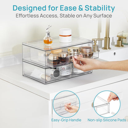 Clear Stackable Storage Drawers, Wide Plastic Organizers | Clear Pull-Out Plastic Drawers, Stackable Design for Makeup Palettes, Cosmetics, Beauty Supplies, Vanity, Cabinet and Desk