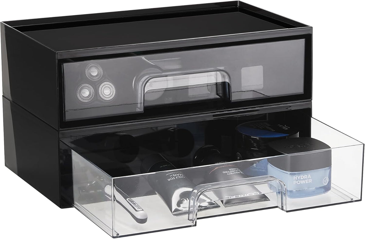 Clear Stackable Storage Drawers, Wide Plastic Organizers | Clear Pull-Out Plastic Drawers, Stackable Design for Makeup Palettes, Cosmetics, Beauty Supplies, Vanity, Cabinet and Desk