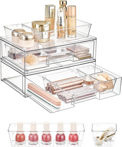 Clear Stackable Storage Drawers, Wide Plastic Organizers | Clear Pull-Out Plastic Drawers, Stackable Design for Makeup Palettes, Cosmetics, Beauty Supplies, Vanity, Cabinet and Desk