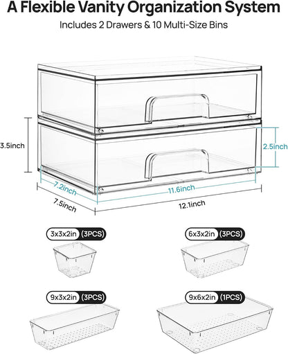 Clear Stackable Storage Drawers, Wide Plastic Organizers | Clear Pull-Out Plastic Drawers, Stackable Design for Makeup Palettes, Cosmetics, Beauty Supplies, Vanity, Cabinet and Desk