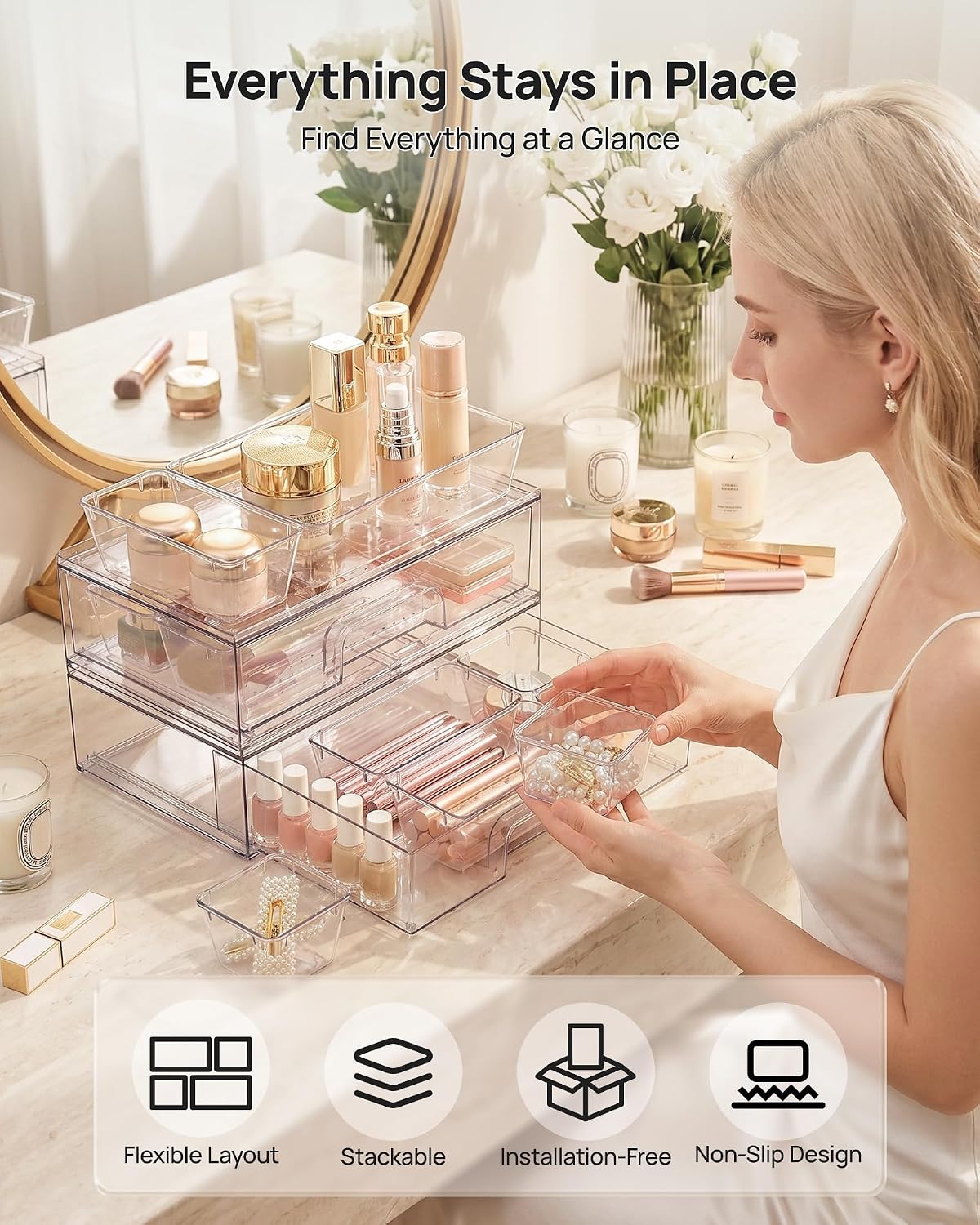 Clear Stackable Storage Drawers, Wide Plastic Organizers | Clear Pull-Out Plastic Drawers, Stackable Design for Makeup Palettes, Cosmetics, Beauty Supplies, Vanity, Cabinet and Desk
