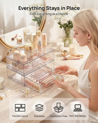 Clear Stackable Storage Drawers, Wide Plastic Organizers | Clear Pull-Out Plastic Drawers, Stackable Design for Makeup Palettes, Cosmetics, Beauty Supplies, Vanity, Cabinet and Desk
