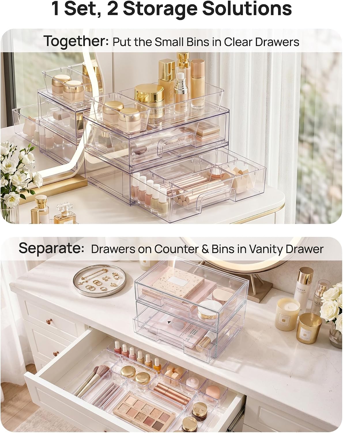 Clear Stackable Storage Drawers, Wide Plastic Organizers | Clear Pull-Out Plastic Drawers, Stackable Design for Makeup Palettes, Cosmetics, Beauty Supplies, Vanity, Cabinet and Desk