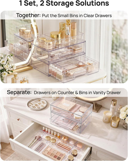 Clear Stackable Storage Drawers, Wide Plastic Organizers | Clear Pull-Out Plastic Drawers, Stackable Design for Makeup Palettes, Cosmetics, Beauty Supplies, Vanity, Cabinet and Desk