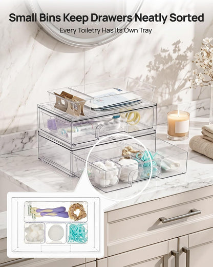 Clear Stackable Storage Drawers, Wide Plastic Organizers | Clear Pull-Out Plastic Drawers, Stackable Design for Makeup Palettes, Cosmetics, Beauty Supplies, Vanity, Cabinet and Desk