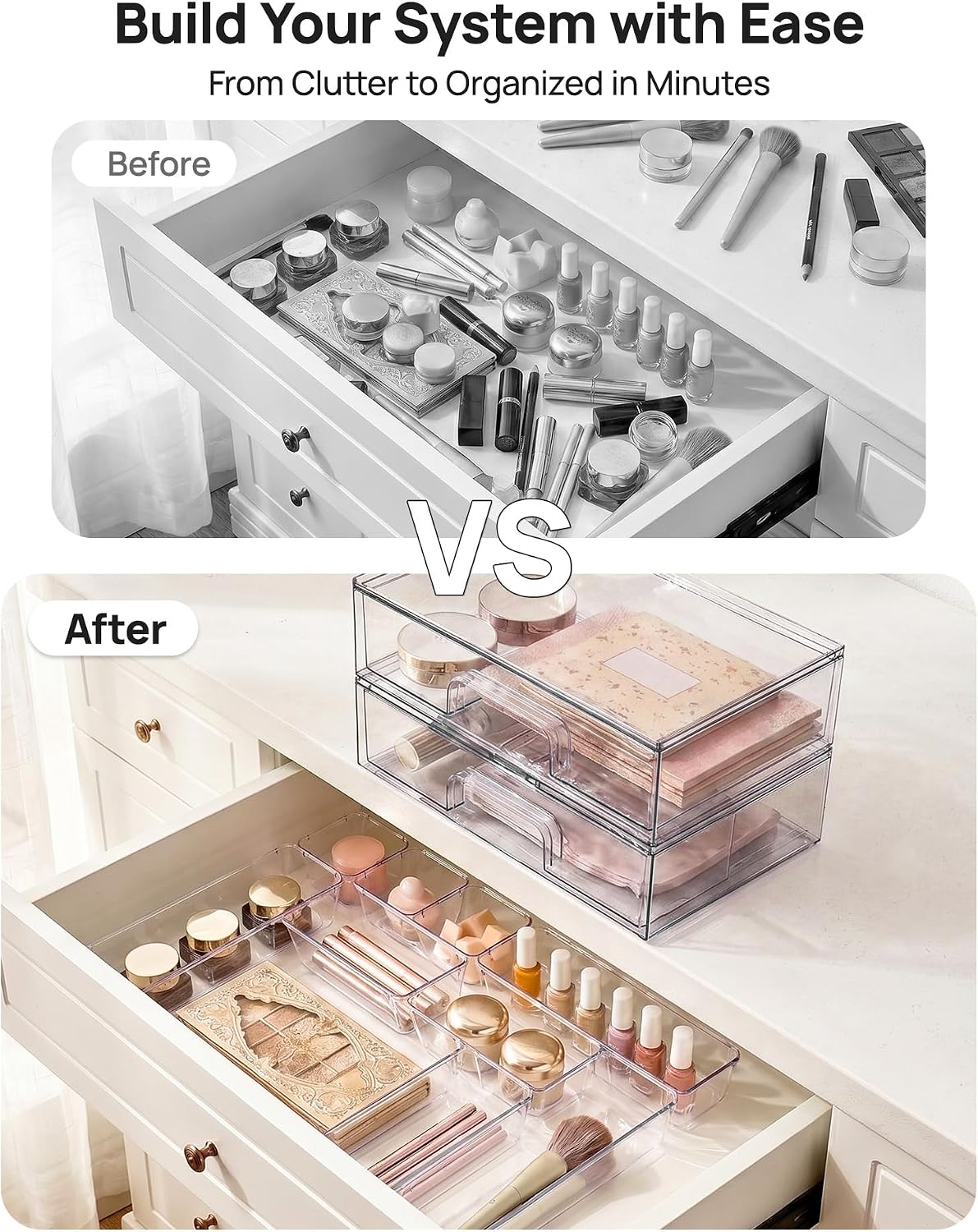 Clear Stackable Storage Drawers, Wide Plastic Organizers | Clear Pull-Out Plastic Drawers, Stackable Design for Makeup Palettes, Cosmetics, Beauty Supplies, Vanity, Cabinet and Desk