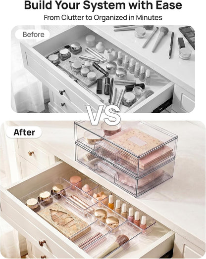 Clear Stackable Storage Drawers, Wide Plastic Organizers | Clear Pull-Out Plastic Drawers, Stackable Design for Makeup Palettes, Cosmetics, Beauty Supplies, Vanity, Cabinet and Desk