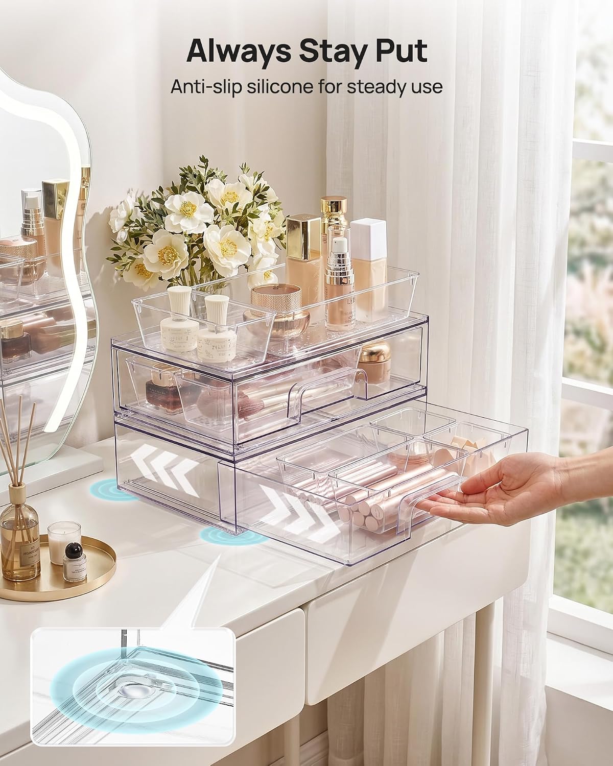 Clear Stackable Storage Drawers, Wide Plastic Organizers | Clear Pull-Out Plastic Drawers, Stackable Design for Makeup Palettes, Cosmetics, Beauty Supplies, Vanity, Cabinet and Desk