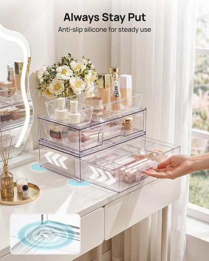 Clear Stackable Storage Drawers, Wide Plastic Organizers | Clear Pull-Out Plastic Drawers, Stackable Design for Makeup Palettes, Cosmetics, Beauty Supplies, Vanity, Cabinet and Desk