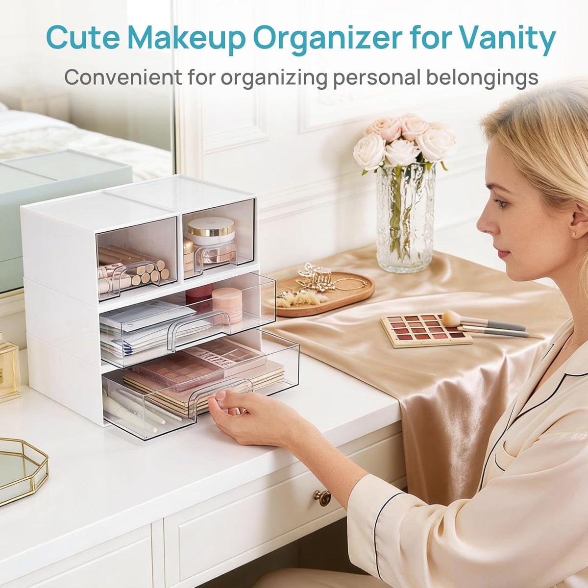 Clear Stackable Storage Drawers, Wide Plastic Organizers | Clear Pull-Out Plastic Drawers, Stackable Design for Makeup Palettes, Cosmetics, Beauty Supplies, Vanity, Cabinet and Desk