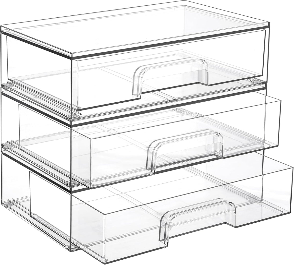 Clear Stackable Storage Drawers, Wide Plastic Organizers | Clear Pull-Out Plastic Drawers, Stackable Design for Makeup Palettes, Cosmetics, Beauty Supplies, Vanity, Cabinet and Desk