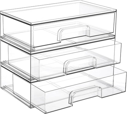 Clear Stackable Storage Drawers, Wide Plastic Organizers | Clear Pull-Out Plastic Drawers, Stackable Design for Makeup Palettes, Cosmetics, Beauty Supplies, Vanity, Cabinet and Desk