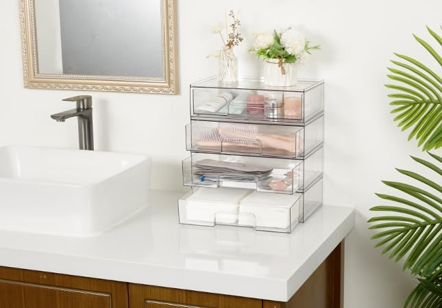 Clear Stackable Storage Drawers, Wide Plastic Organizers | Clear Pull-Out Plastic Drawers, Stackable Design for Makeup Palettes, Cosmetics, Beauty Supplies, Vanity, Cabinet and Desk