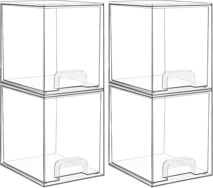 Clear Stackable Storage Drawers, Wide Plastic Organizers | Clear Pull-Out Plastic Drawers, Stackable Design for Makeup Palettes, Cosmetics, Beauty Supplies, Vanity, Cabinet and Desk