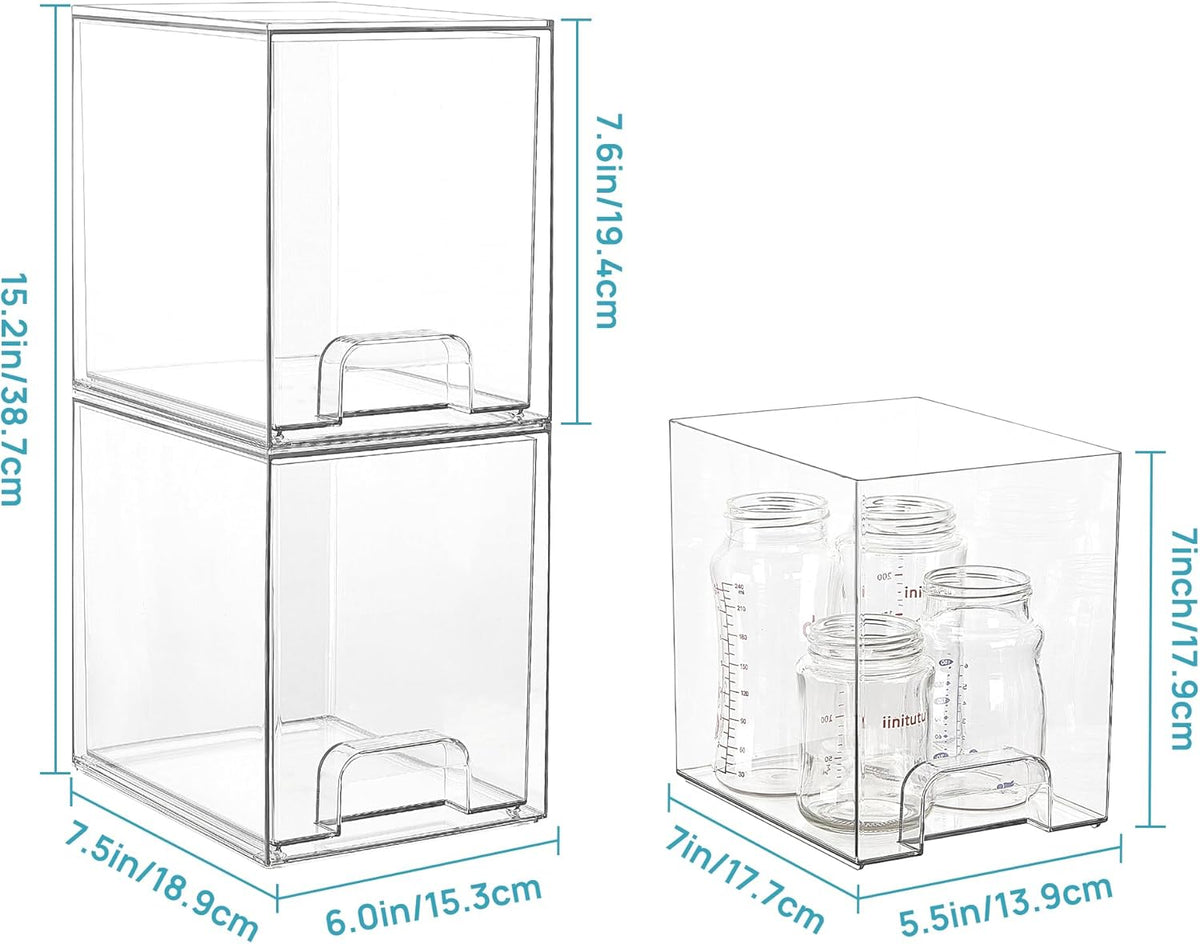 Clear Stackable Storage Drawers, Wide Plastic Organizers | Clear Pull-Out Plastic Drawers, Stackable Design for Makeup Palettes, Cosmetics, Beauty Supplies, Vanity, Cabinet and Desk