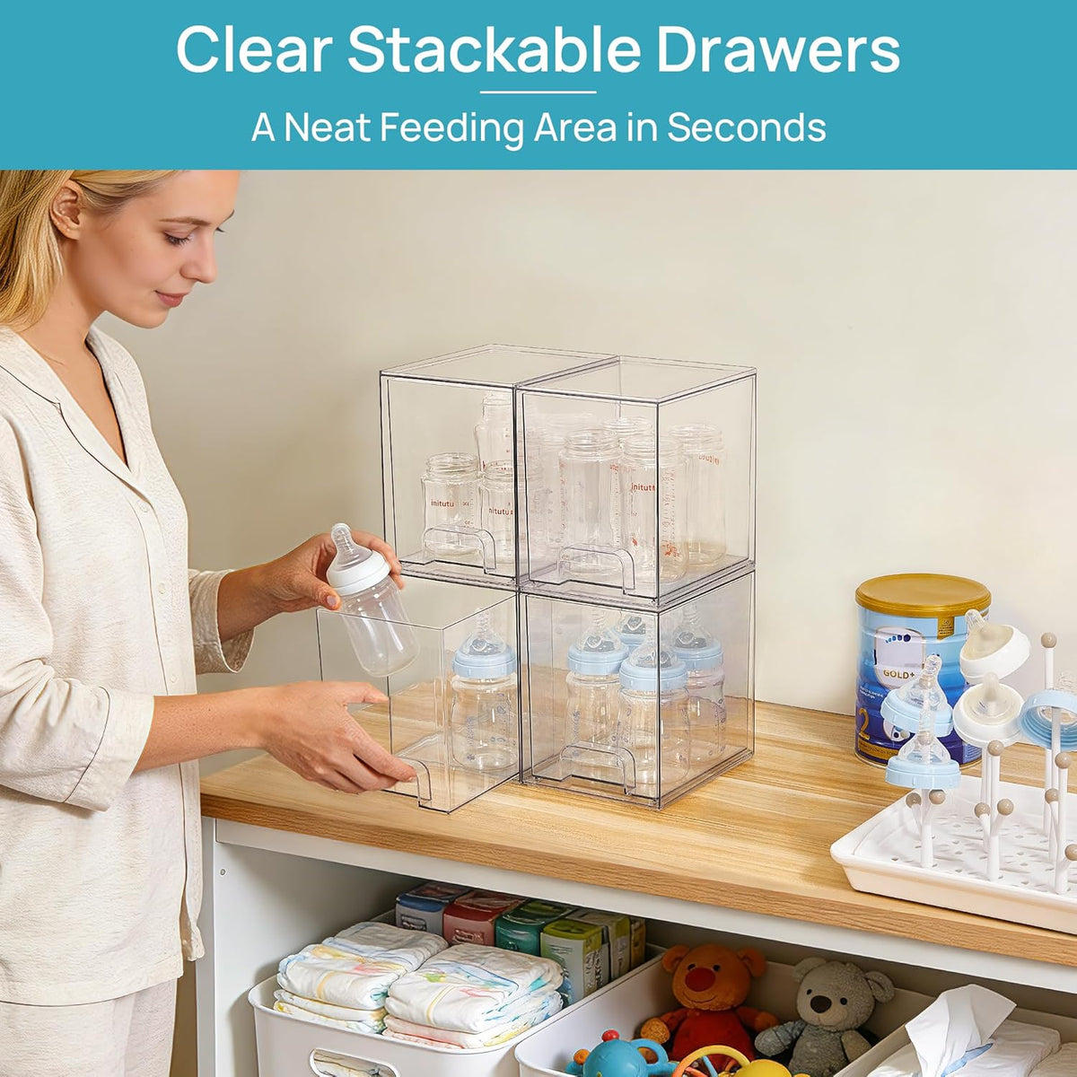 Clear Stackable Storage Drawers, Wide Plastic Organizers | Clear Pull-Out Plastic Drawers, Stackable Design for Makeup Palettes, Cosmetics, Beauty Supplies, Vanity, Cabinet and Desk