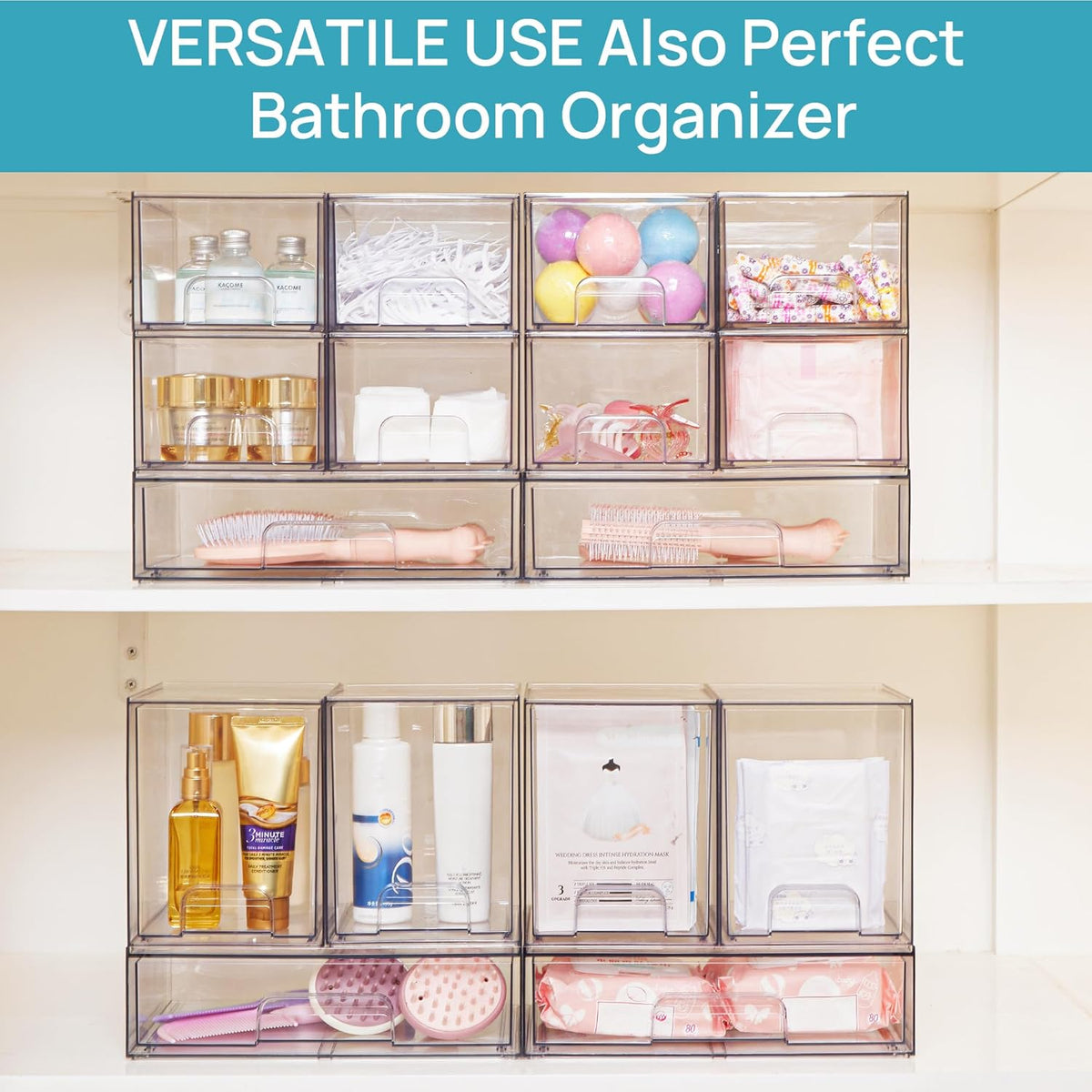 Clear Stackable Storage Drawers, Wide Plastic Organizers | Clear Pull-Out Plastic Drawers, Stackable Design for Makeup Palettes, Cosmetics, Beauty Supplies, Vanity, Cabinet and Desk