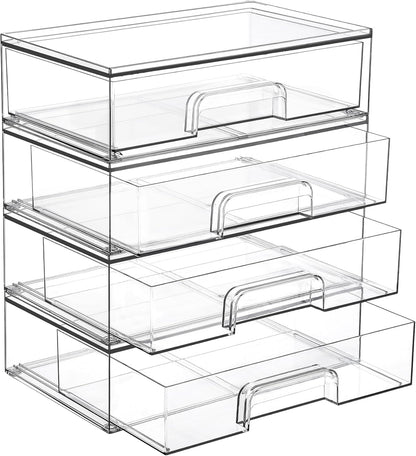 Clear Stackable Storage Drawers, Wide Plastic Organizers | Clear Pull-Out Plastic Drawers, Stackable Design for Makeup Palettes, Cosmetics, Beauty Supplies, Vanity, Cabinet and Desk