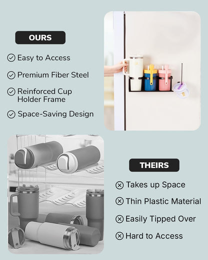 Fiber Steel Magnetic Stanley Cup Holder for Fridge – 2-Pack Tumbler & Lid Organizer, Heavy-Duty Water Bottle Storage, Kitchen & Pantry Organizer for Stanley Cup Accessories (Black)