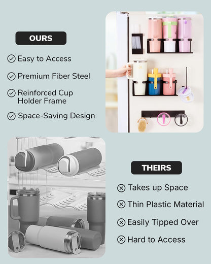Fiber Steel Magnetic Stanley Cup Holder for Fridge – 2-Pack Tumbler & Lid Organizer, Heavy-Duty Water Bottle Storage, Kitchen & Pantry Organizer for Stanley Cup Accessories (Black)