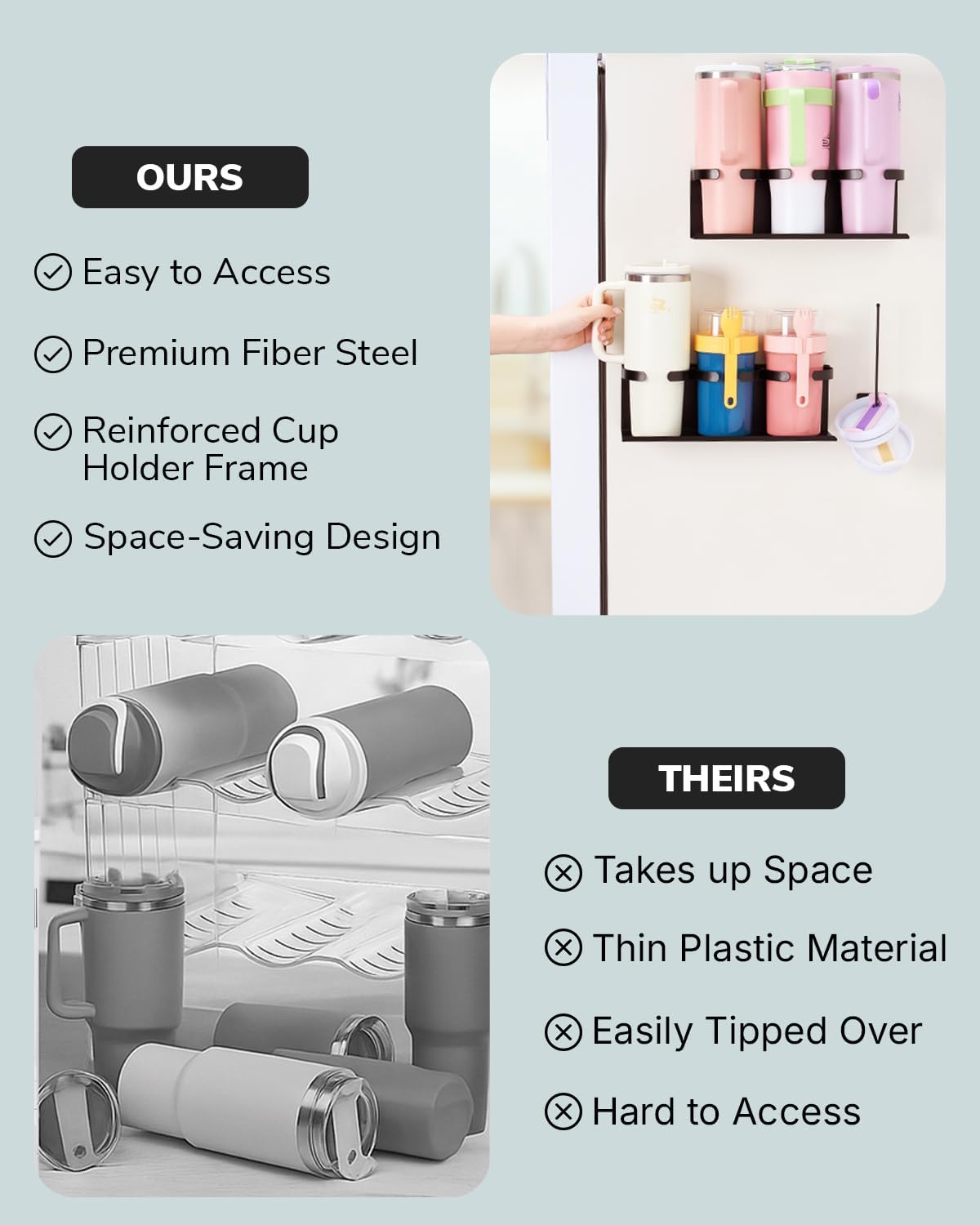 Fiber Steel Magnetic Stanley Cup Holder for Fridge – 2-Pack Tumbler & Lid Organizer, Heavy-Duty Water Bottle Storage, Kitchen & Pantry Organizer for Stanley Cup Accessories (Black)