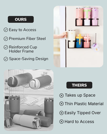 Fiber Steel Magnetic Stanley Cup Holder for Fridge – 2-Pack Tumbler & Lid Organizer, Heavy-Duty Water Bottle Storage, Kitchen & Pantry Organizer for Stanley Cup Accessories (Black)