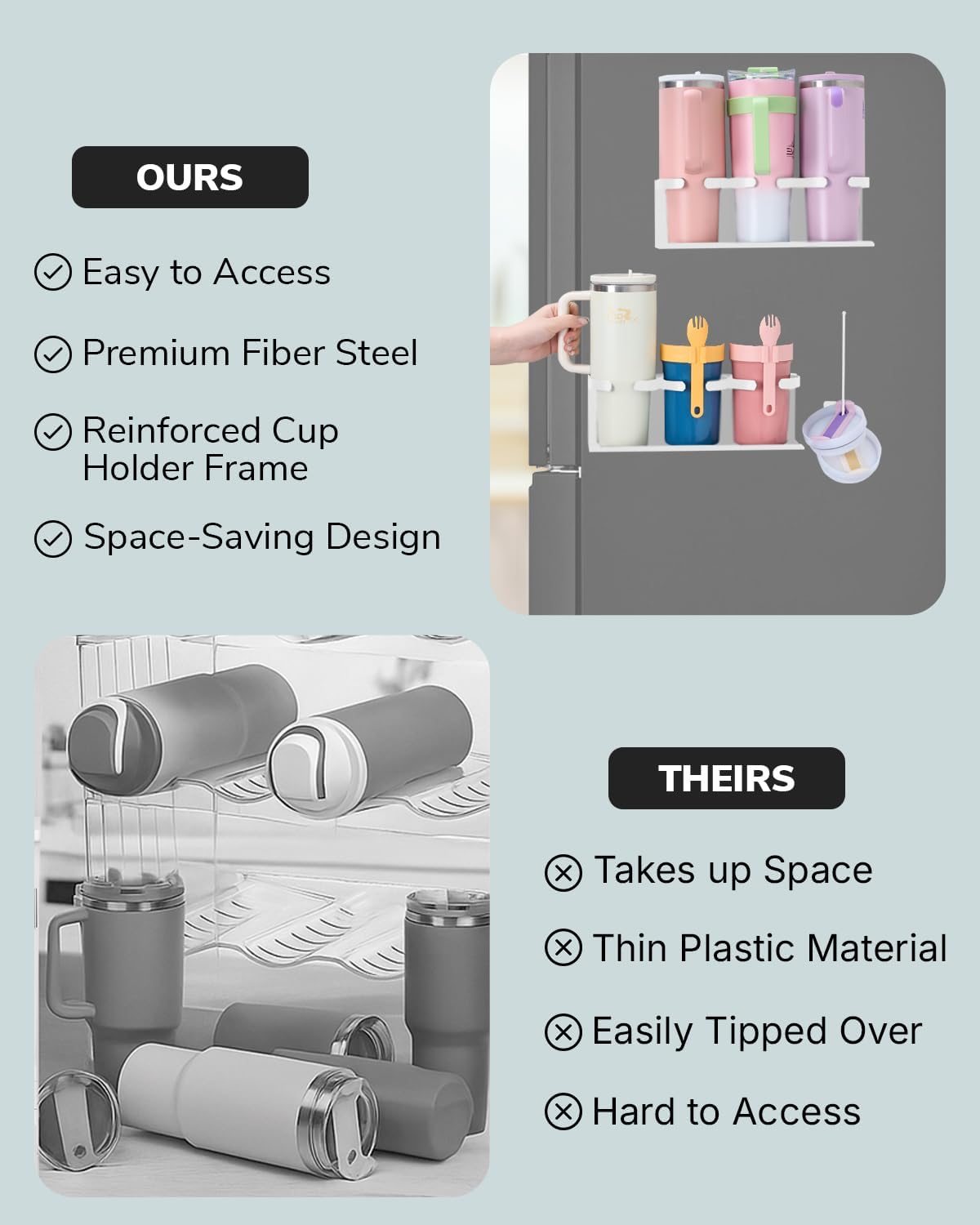 Fiber Steel Magnetic Stanley Cup Holder for Fridge – 2-Pack Tumbler & Lid Organizer, Heavy-Duty Water Bottle Storage, Kitchen & Pantry Organizer for Stanley Cup Accessories (Black)