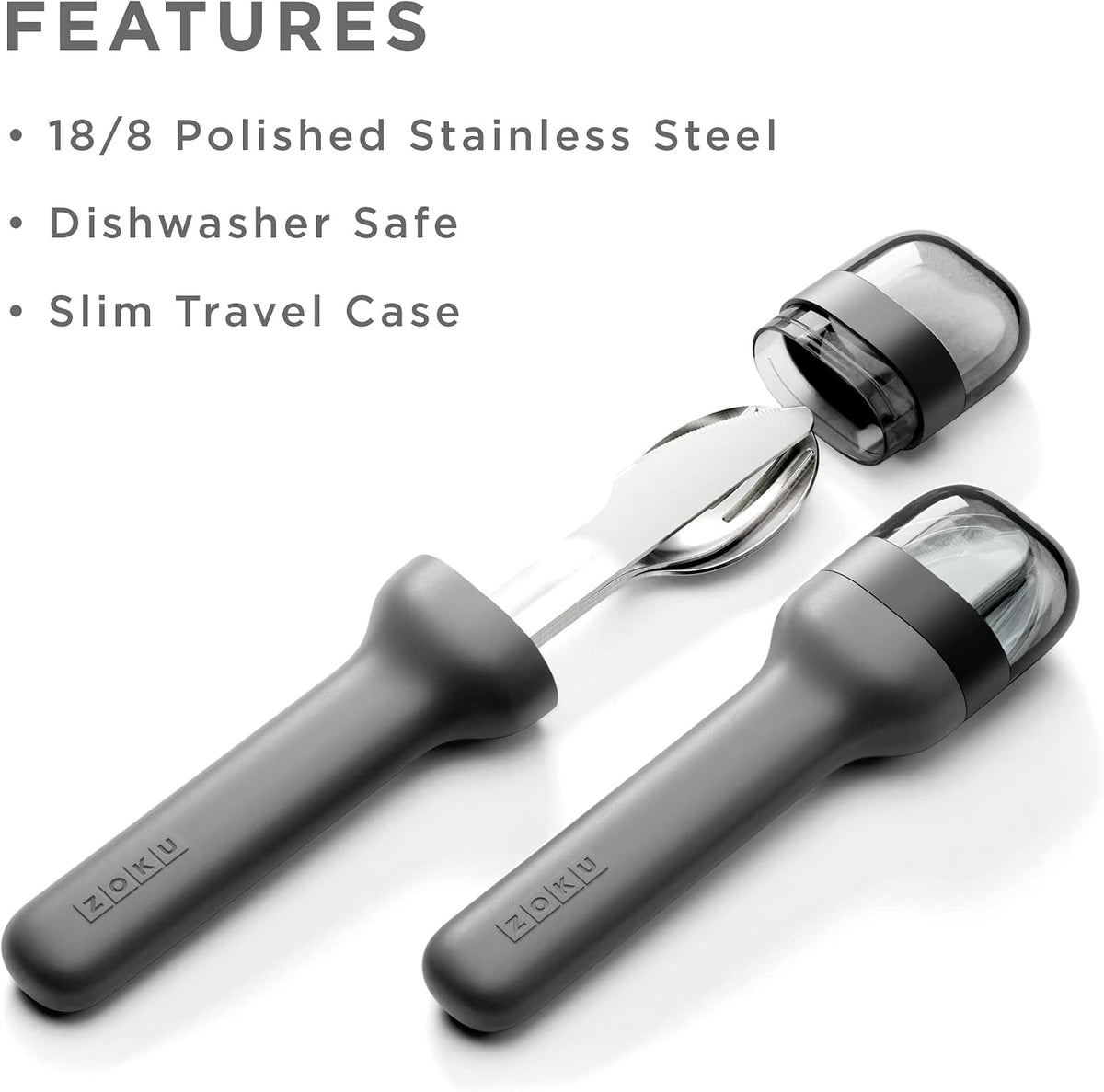 Pocket Utensil Set, Charcoal - Stainless Steel Fork, Knife, and Spoon Nest in Hygienic Case - Portable Design for Travel, School, Work, Picnics, Camping and Outdoor Home Use