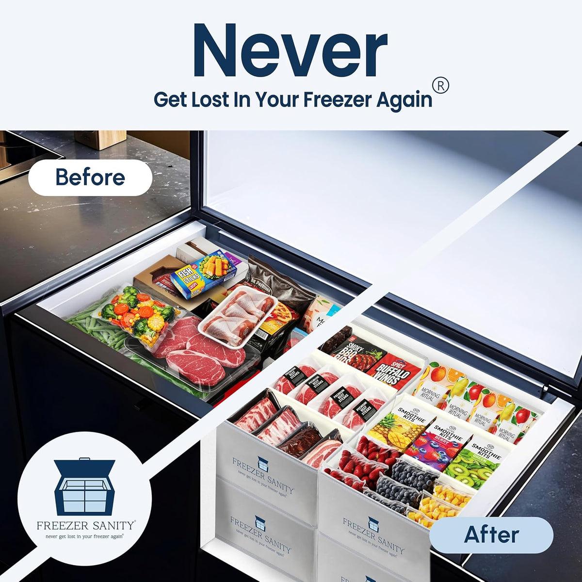 The Original Chest Freezer Organizer Bins, Stackable Storage Organizers, Deep Freezer Dividers, Handles, Heavy-Duty, Waterproof (Large 19x14x9)