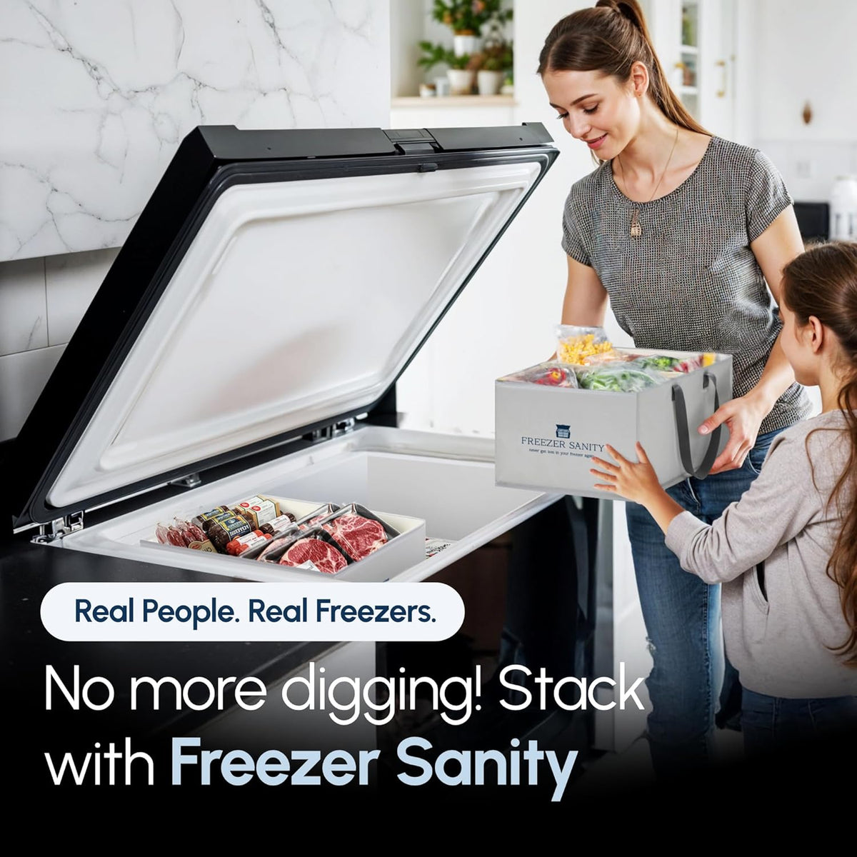 The Original Chest Freezer Organizer Bins, Stackable Storage Organizers, Deep Freezer Dividers, Handles, Heavy-Duty, Waterproof (Large 19x14x9)