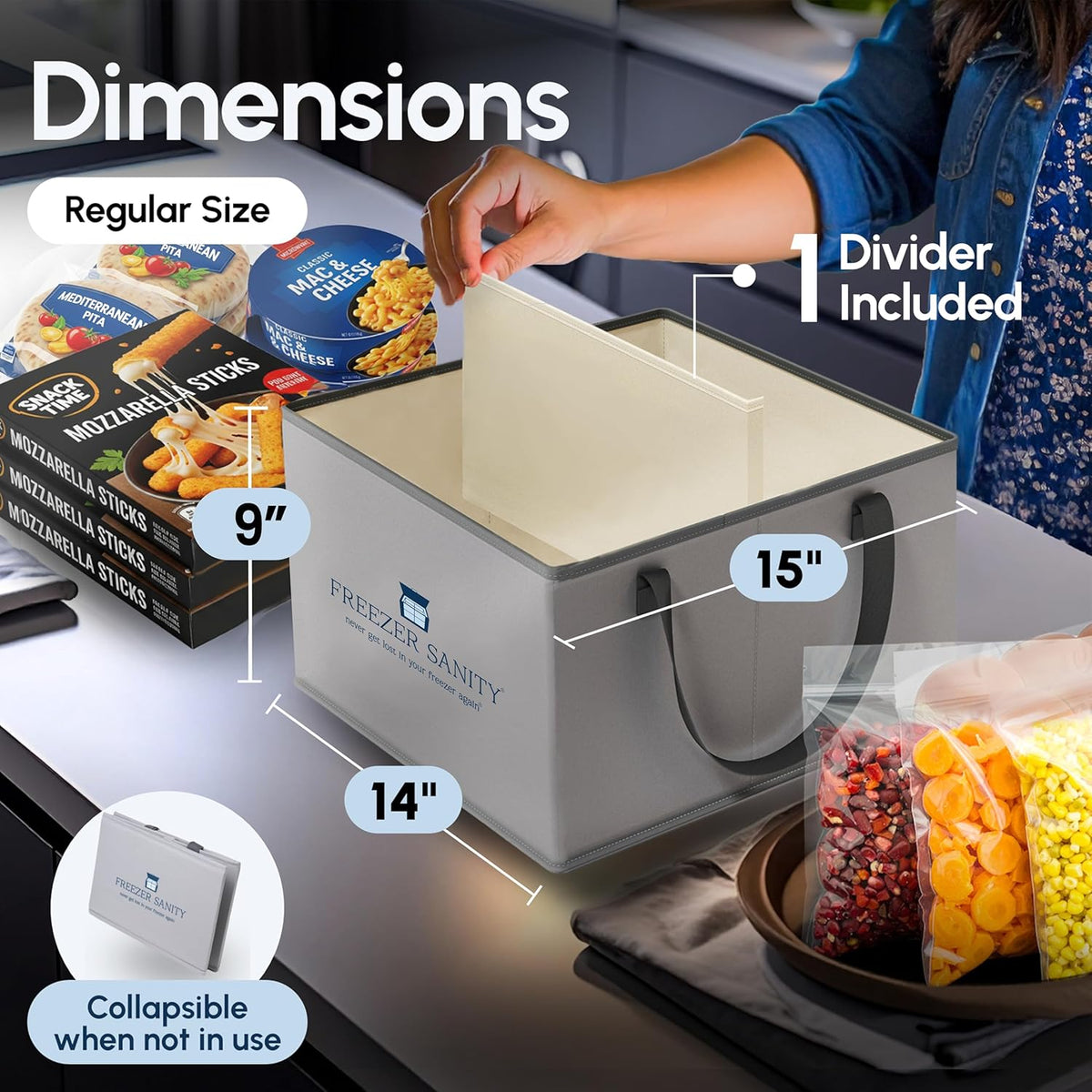 The Original Chest Freezer Organizer Bins, Stackable Storage Organizers, Deep Freezer Dividers, Handles, Heavy-Duty, Waterproof (Large 19x14x9)
