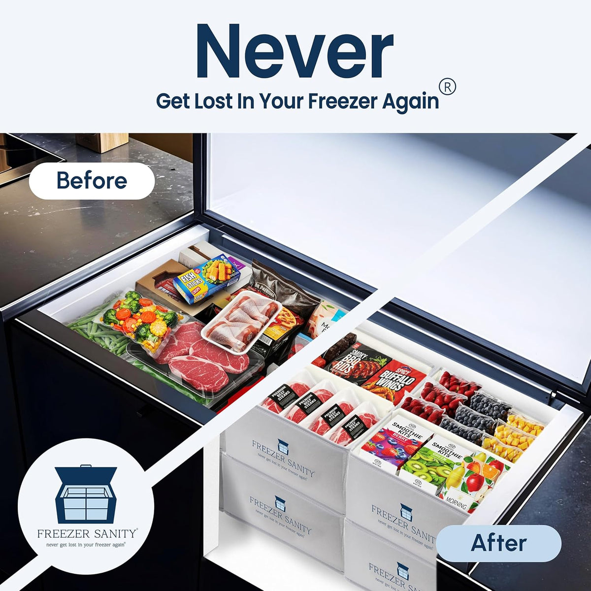 The Original Chest Freezer Organizer Bins, Stackable Storage Organizers, Deep Freezer Dividers, Handles, Heavy-Duty, Waterproof (Large 19x14x9)