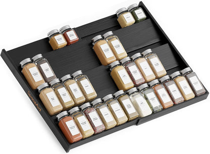 Bamboo Spice Drawer Organizer, (Need 3" Deep Drawer) Expandable 4 Tier Spices Rack for Cabinet, Kitchen Seasoning Storage Insert (Jars Not Included, From 12" to 23" Wide)