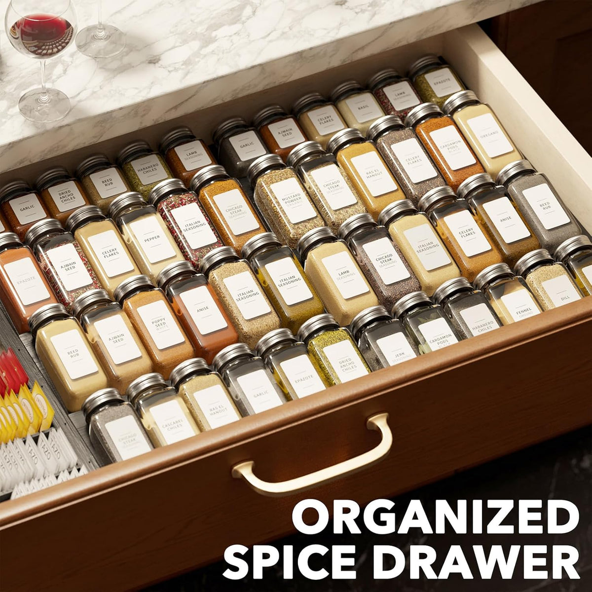 Bamboo Spice Drawer Organizer, (Need 3" Deep Drawer) Expandable 4 Tier Spices Rack for Cabinet, Kitchen Seasoning Storage Insert (Jars Not Included, From 12" to 23" Wide)
